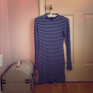 Black and white striped turtleneck dress